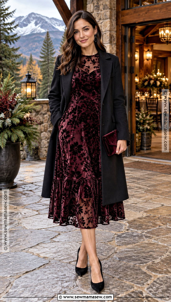 Burgundy Floral Velvet Mountain Wedding Guest Dress - 20 fall mountain wedding guest dress ideas