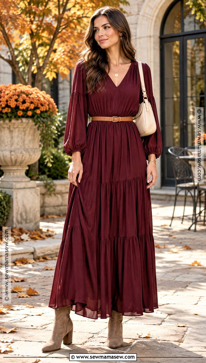 Burgundy Flowy Maxi Dress With Suede Ankle Boots - 15 Cute Flowy Dresses Fall
