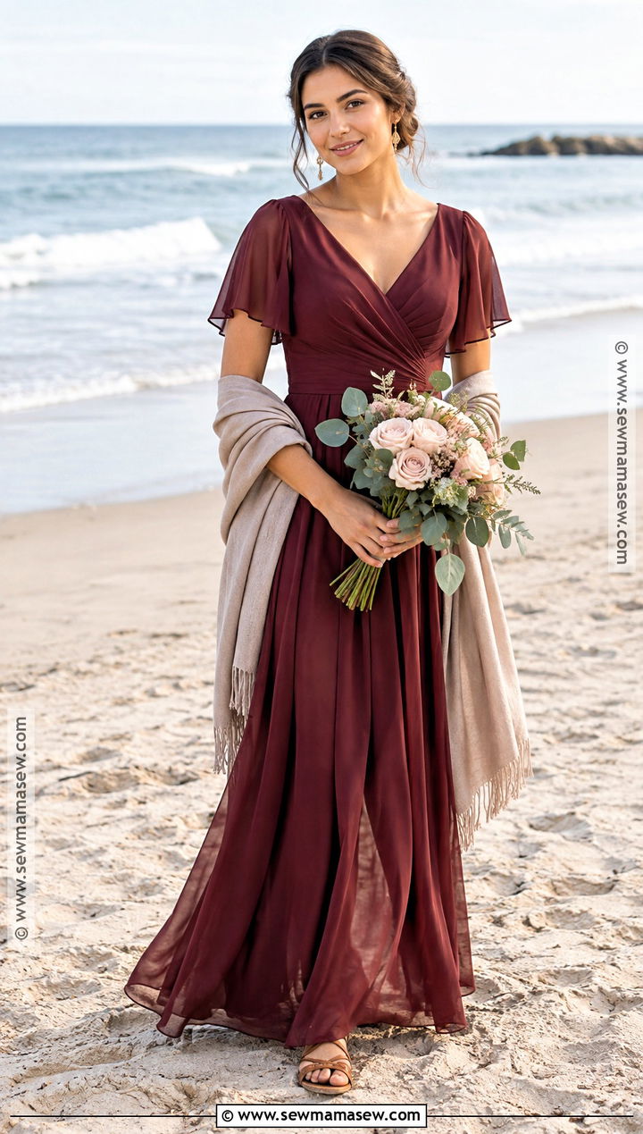 Burgundy Flutter Sleeve Beach Bridesmaid Dress - 15 Fall Beach Bridesmaid Dresses