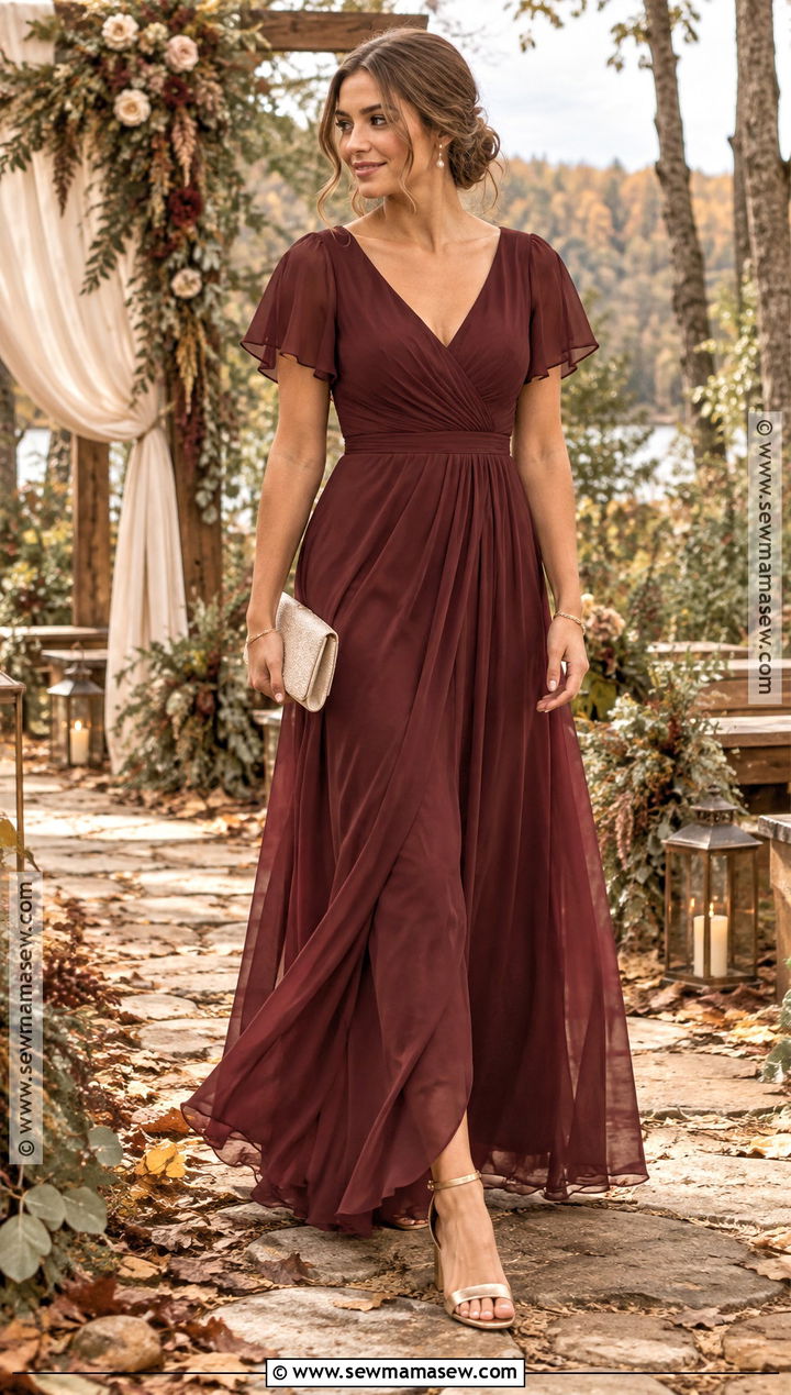 Burgundy Flutter Sleeve Bridesmaid Dress - 20 fall bridesmaid dresses burgundy
