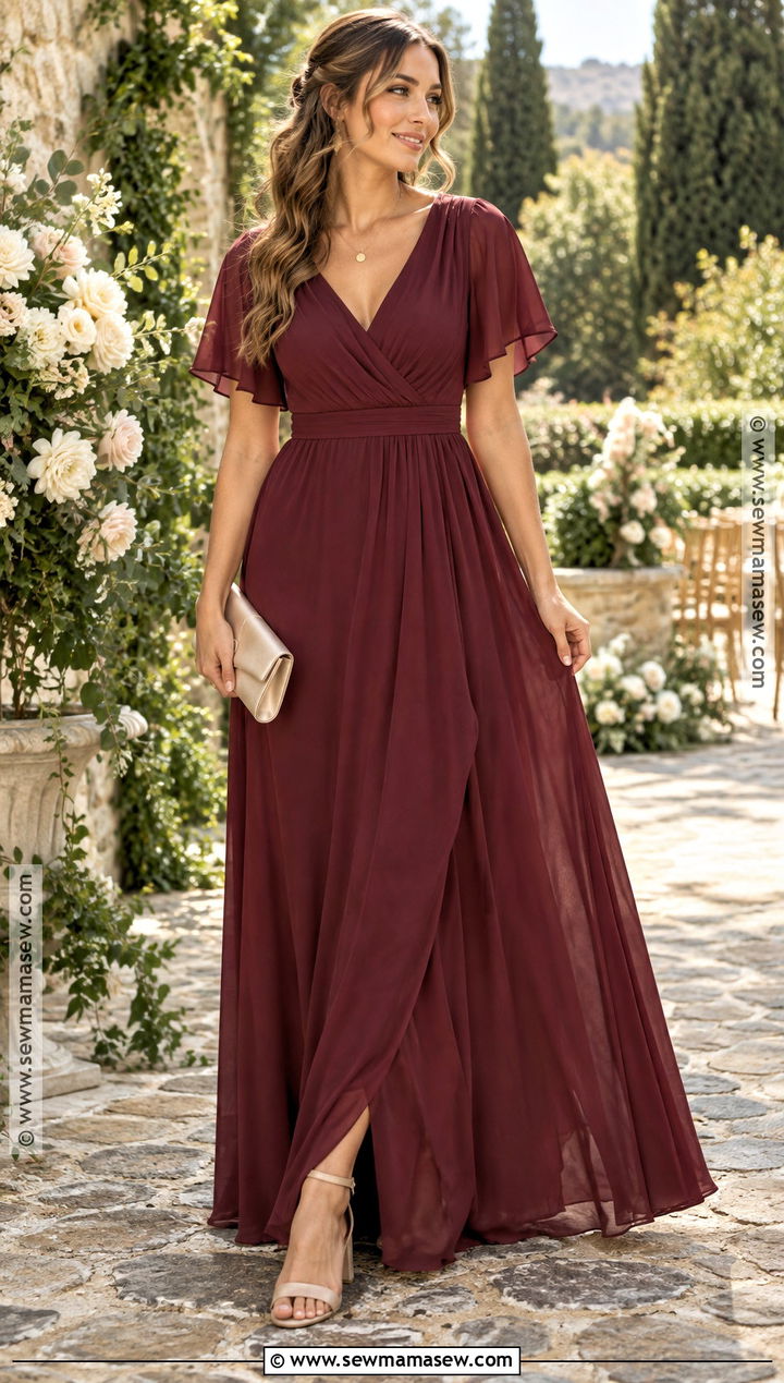 Burgundy Flutter Sleeve Bridesmaid Dress - 20 burgandy bridesmaids dresses fall