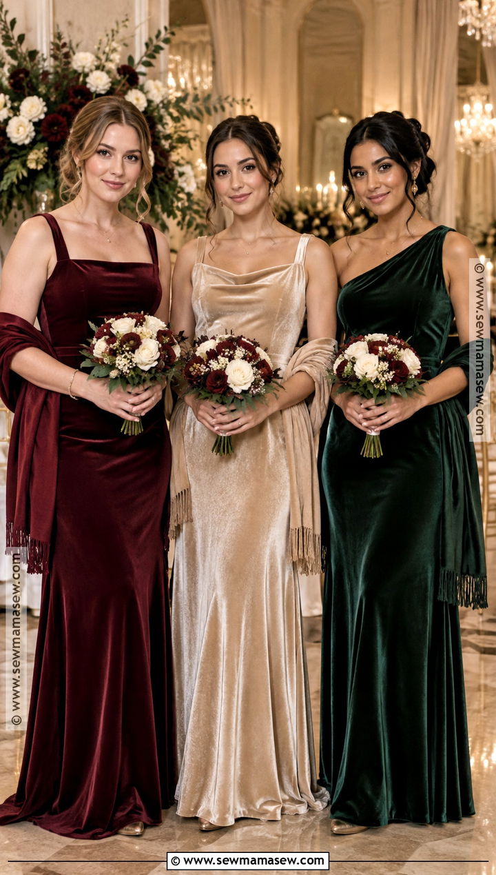 Burgundy Forest Green And Champagne Velvet Bridesmaid Dresses - 15 fall mix match bridesmaid dresses