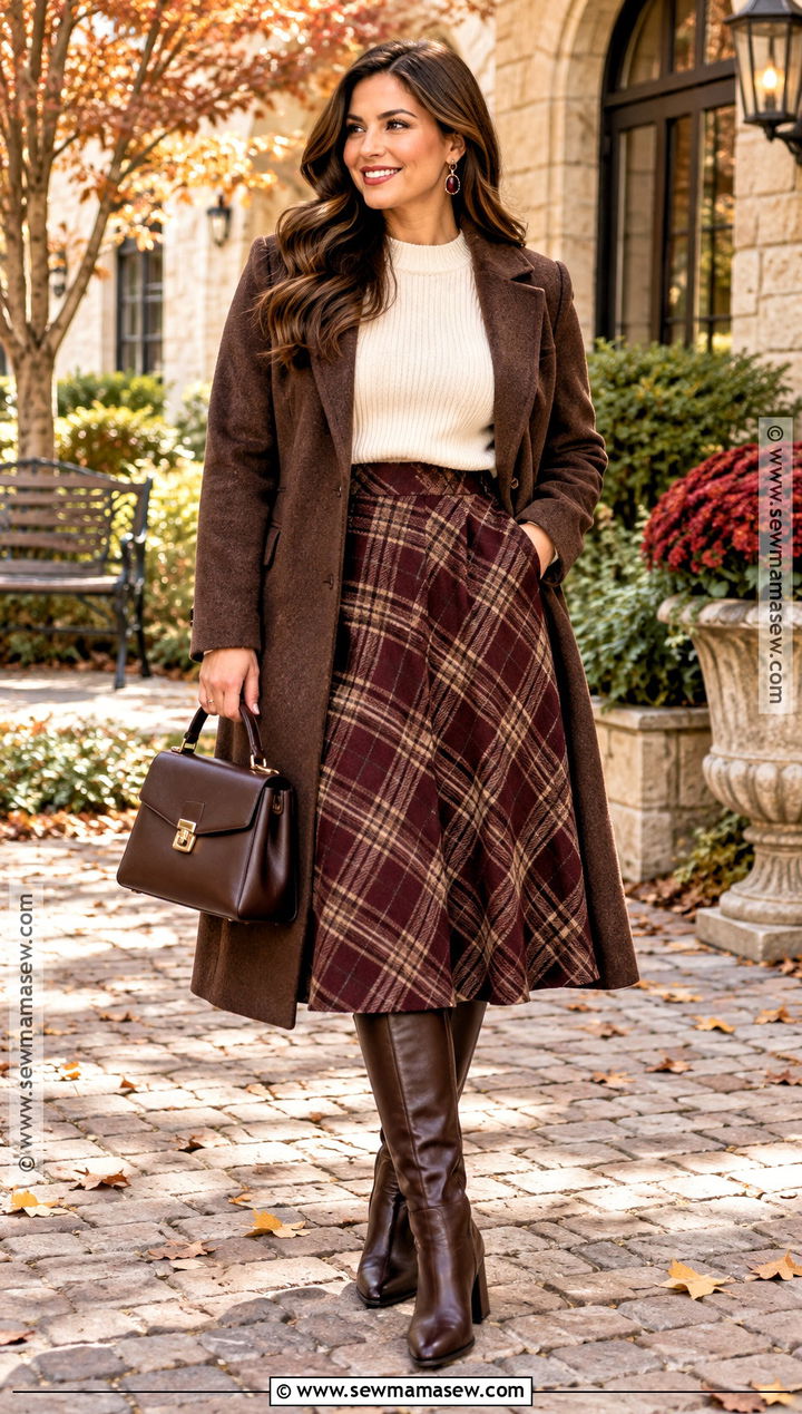 Burgundy Gemstone Earrings With Sweater And Plaid Skirt - 15 Earrings For Autumn Outfits