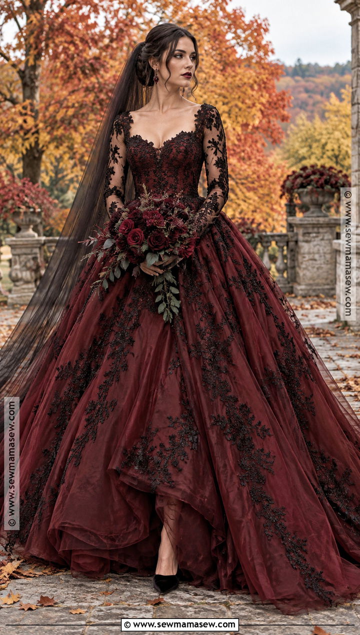 Burgundy Gothic Ball Gown Wedding Dress - 15 Gothic Fall Wedding Dress Ideas