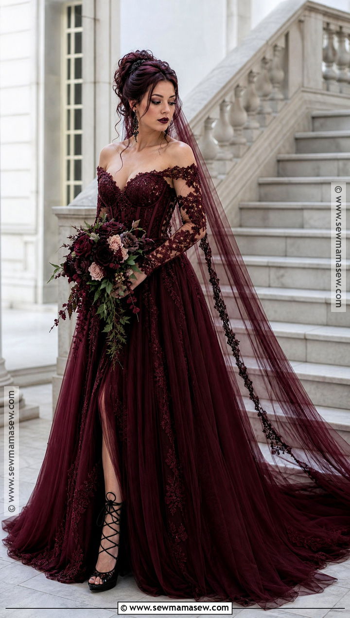 Burgundy Gothic Halloween Wedding Dress - 30 halloween wedding dresses