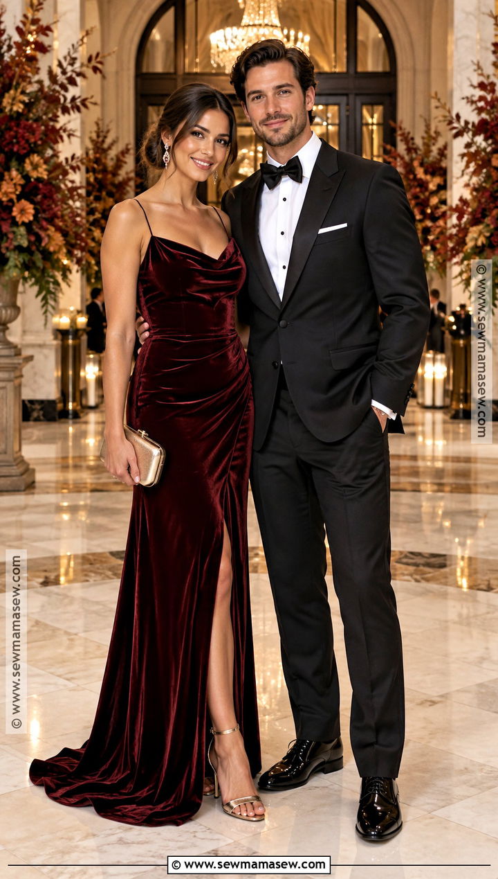 Burgundy Gown And Classic Tuxedo Fall Wedding Guest Outfit - 15 couples wedding guest outfits fall