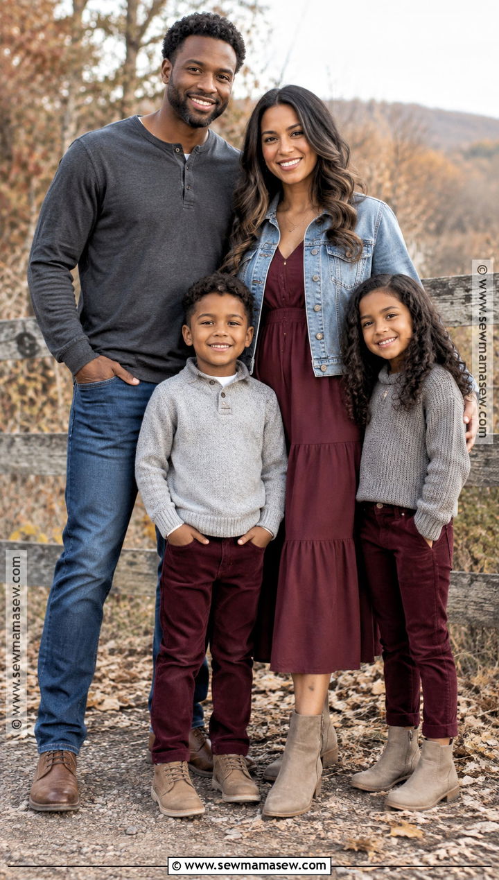 Burgundy Gray And Denim Family Outfit - 15 casual fall picture outfits for family