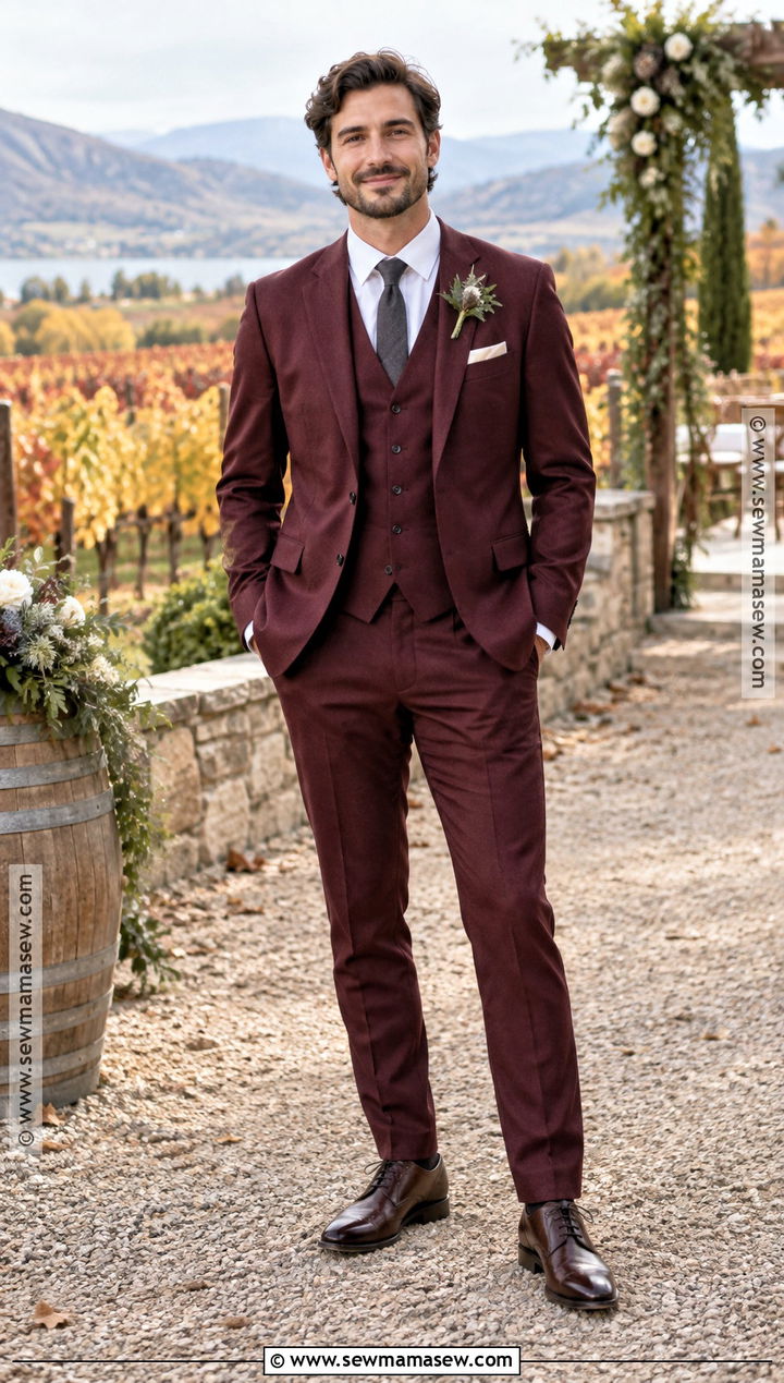 Burgundy Groom Suit - 20 groom fall wedding attire ideas