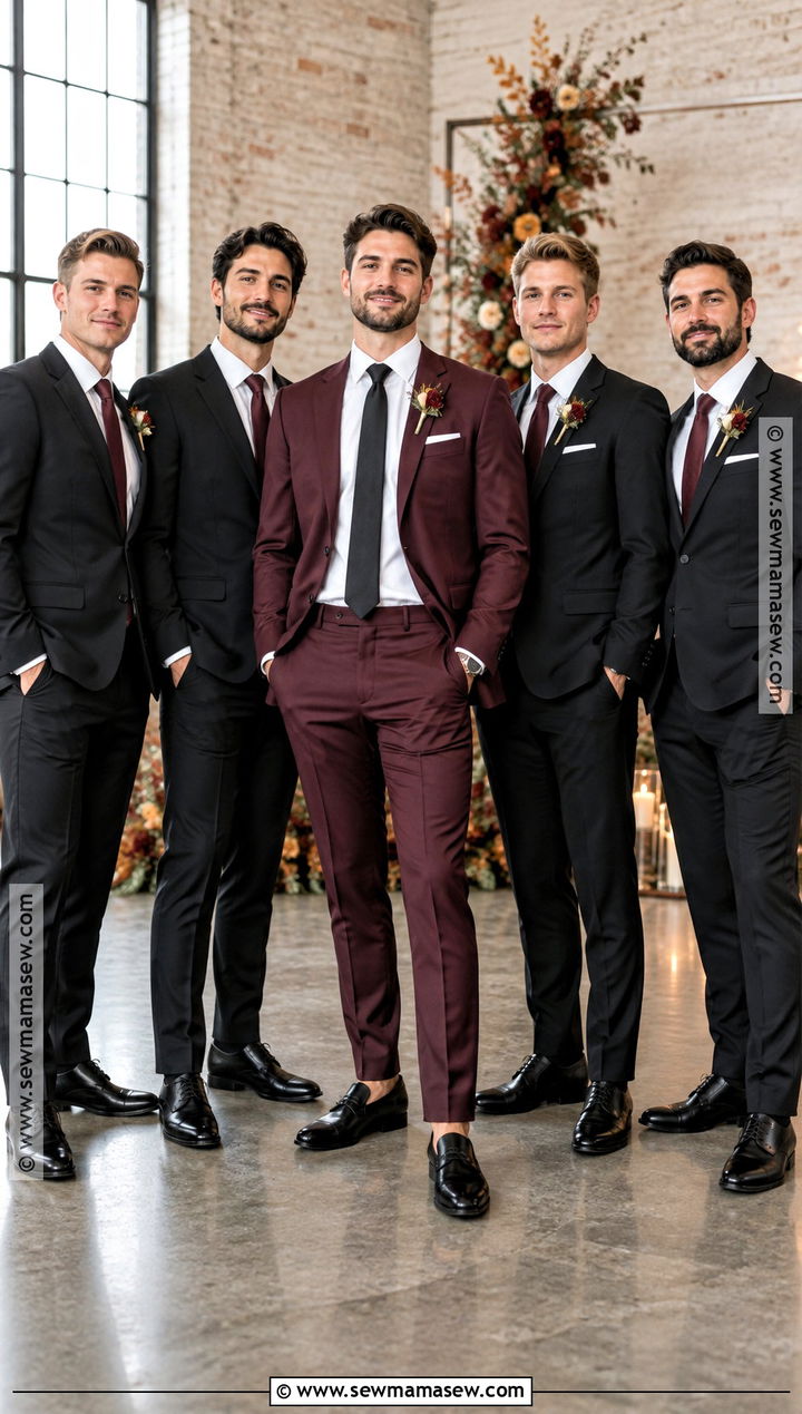 Burgundy Groom Suit With Black Groomsmen Suits - 15 fall groom and groomsmen attire ideas