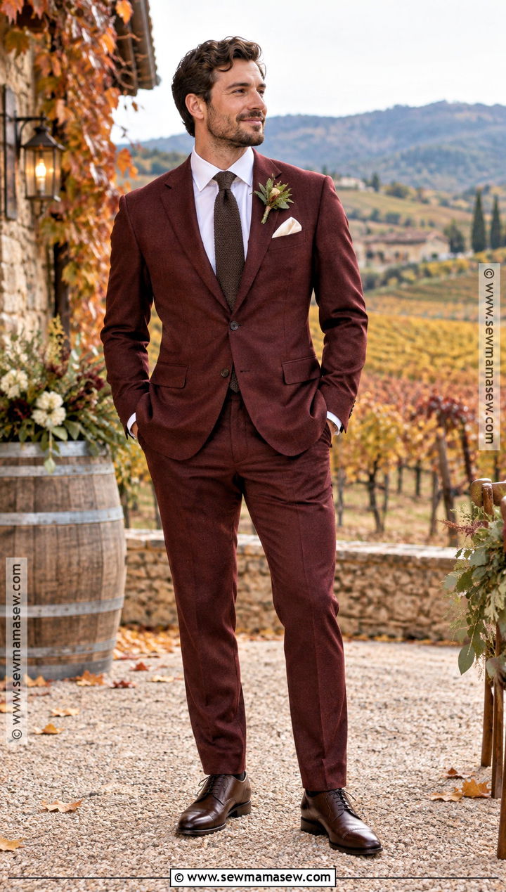 Burgundy Groom Suit With Brown Dress Shoes - 20 fall groom attire ideas