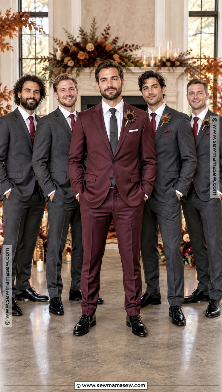 Burgundy Groom Suit With Charcoal Groomsmen Suits - 15 groom and groomsmen attire fall wedding ideas