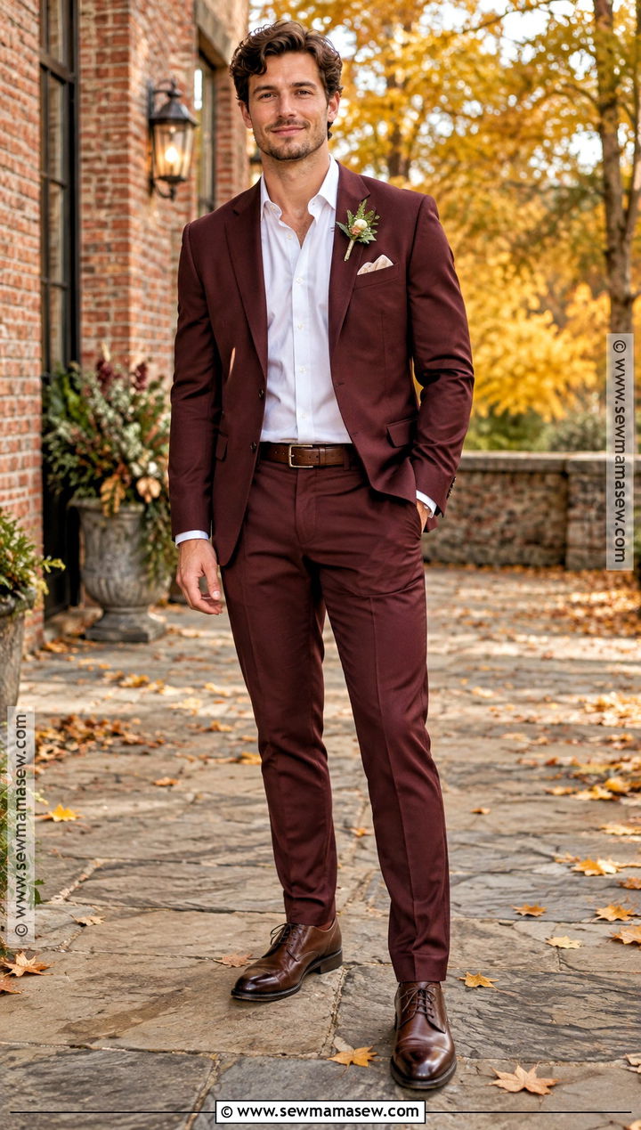 Burgundy Groom Suit With Open Collar Shirt - 15 casual fall wedding groom attire ideas
