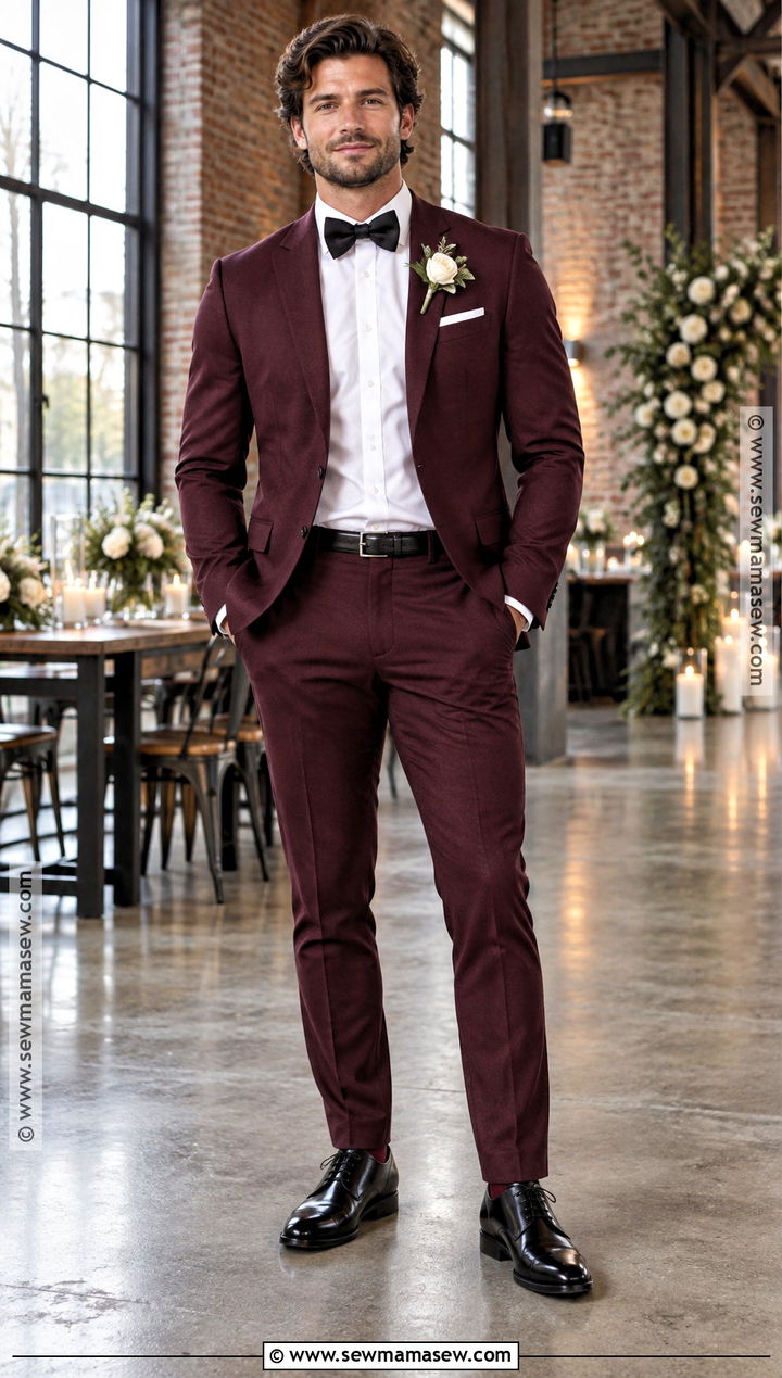 Burgundy Groom Suit for a Fall Wedding - 15 fall mens wedding attire groom style ideas