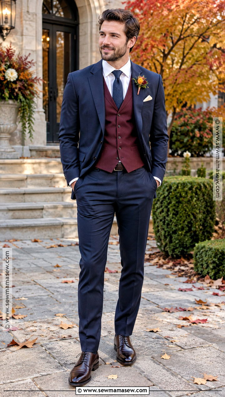Burgundy Groom Vest With Navy Suit - 15 fall groom attire vest ideas