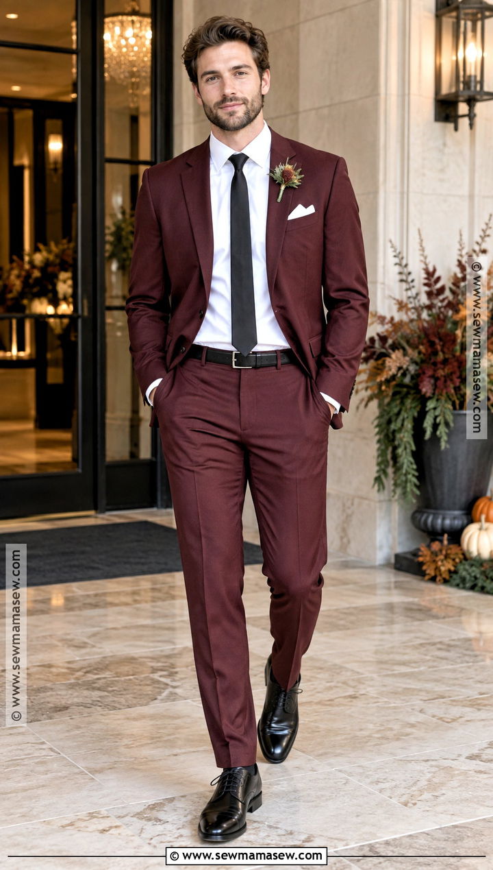 Burgundy Groomsmen Suit With Black Accessories - 25 fall groomsmen attire ideas