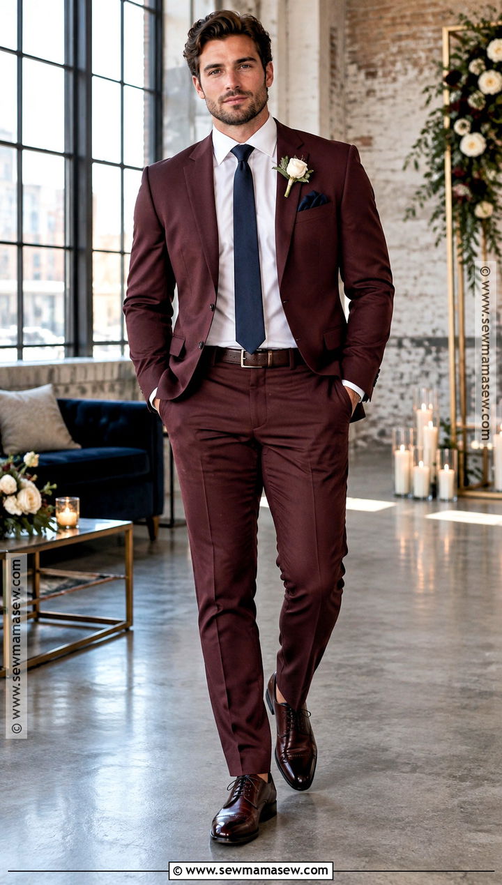 Burgundy Groomsmen Suit With Navy Accents - 15 autumn groomsmen attire ideas