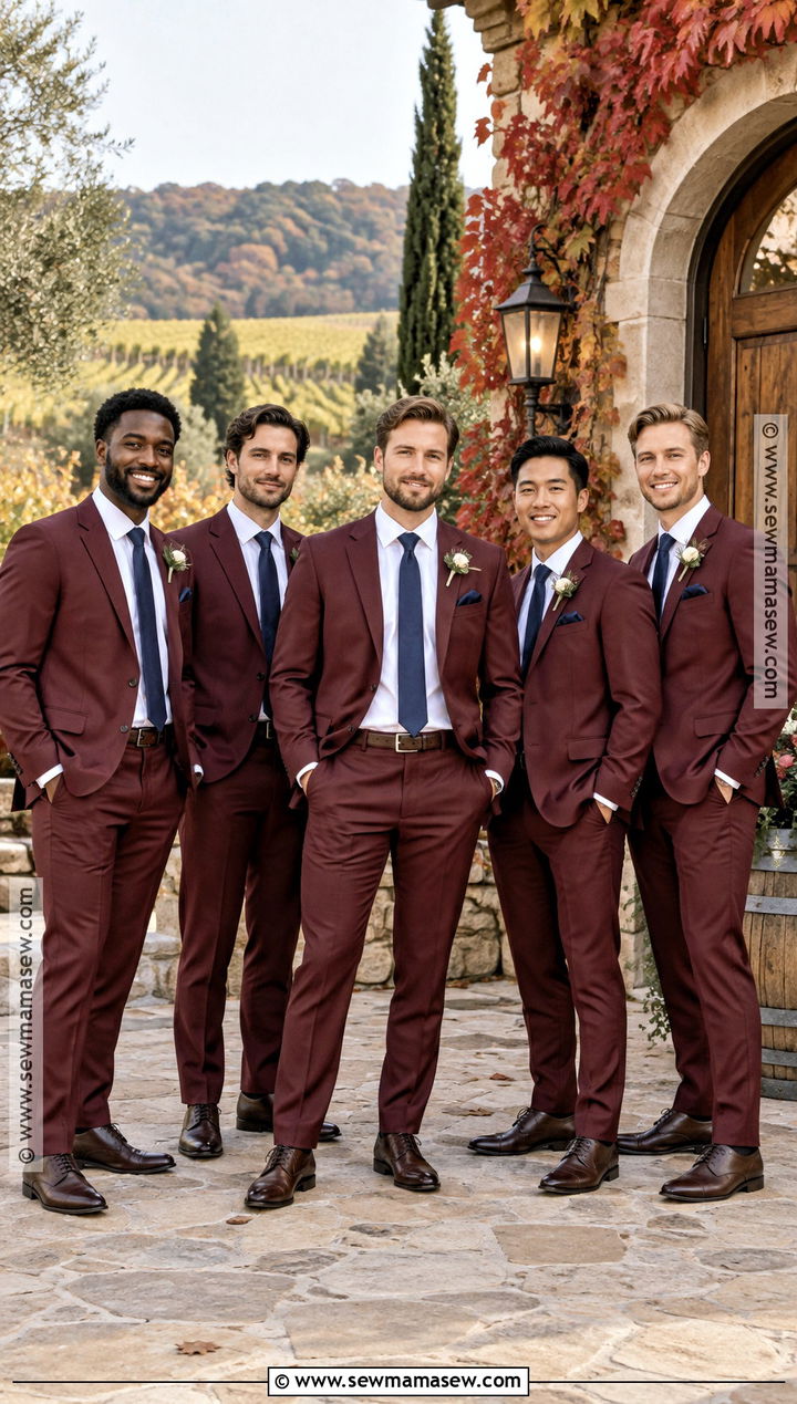 Burgundy Groomsmen Suit With Navy Tie - 15 groomsmen attire for fall wedding ideas