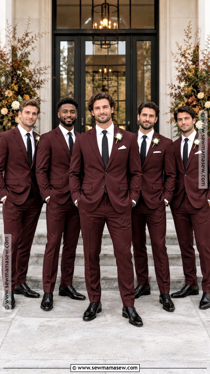 Burgundy Groomsmen Suits With Black Accessories - 20 groomsmen attire fall ideas