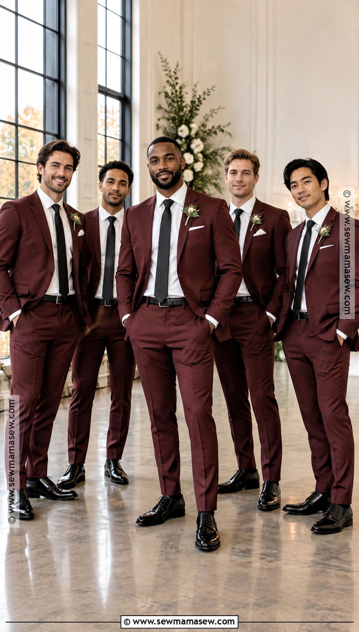 Burgundy Groomsmen Suits With Black Accessories - 15 groomsmen attire autumn ideas