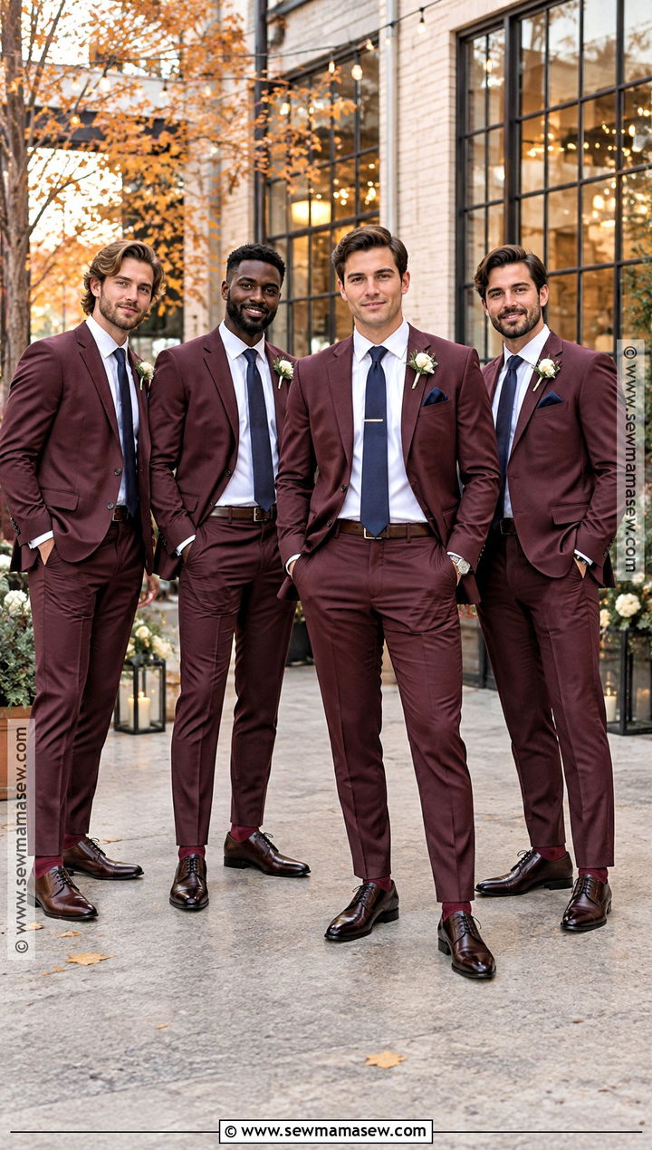 Burgundy Groomsmen Suits With Navy Ties - 15 groomsmen attire autumn wedding ideas