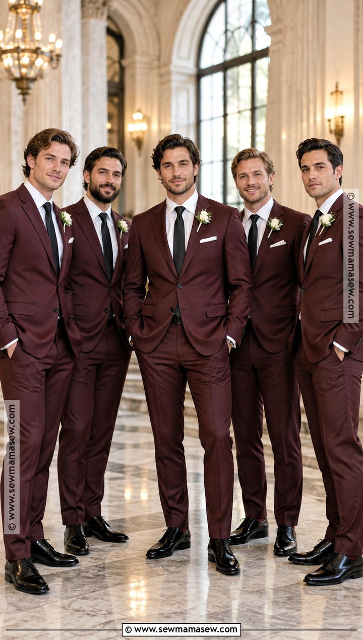 Burgundy Groomsmen Suits With Neutral Accessories - 15 september groomsmen attire ideas