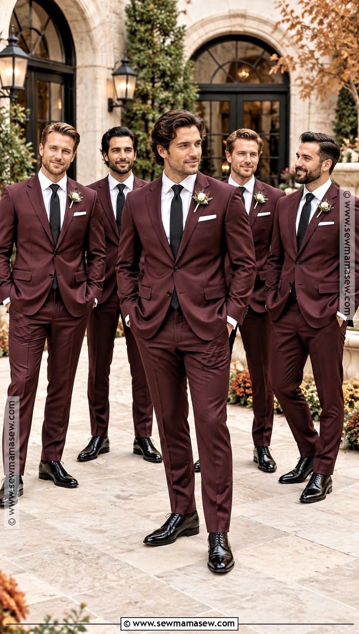 Burgundy Groomsmen Suits for a Fall Wedding - 20 groomsmen attire fall wedding ideas