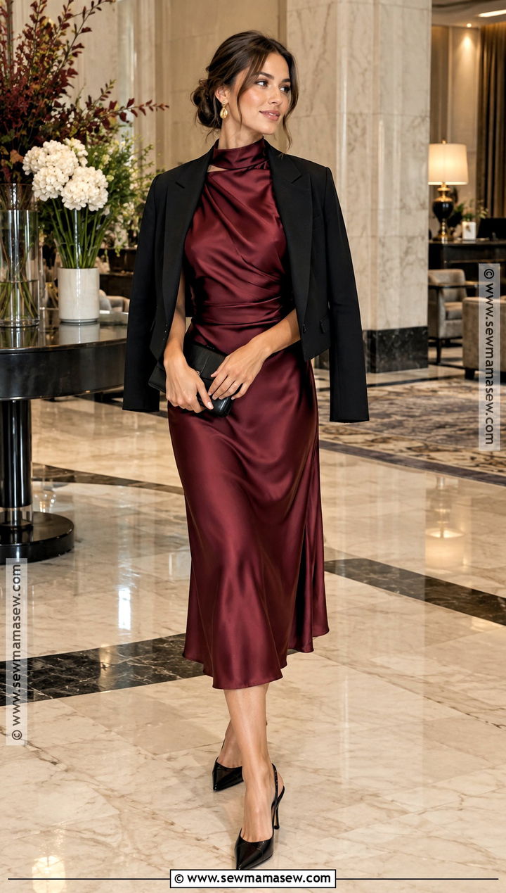Burgundy High Neck Satin Midi Dress - 15 fall wedding guest dress high neck ideas