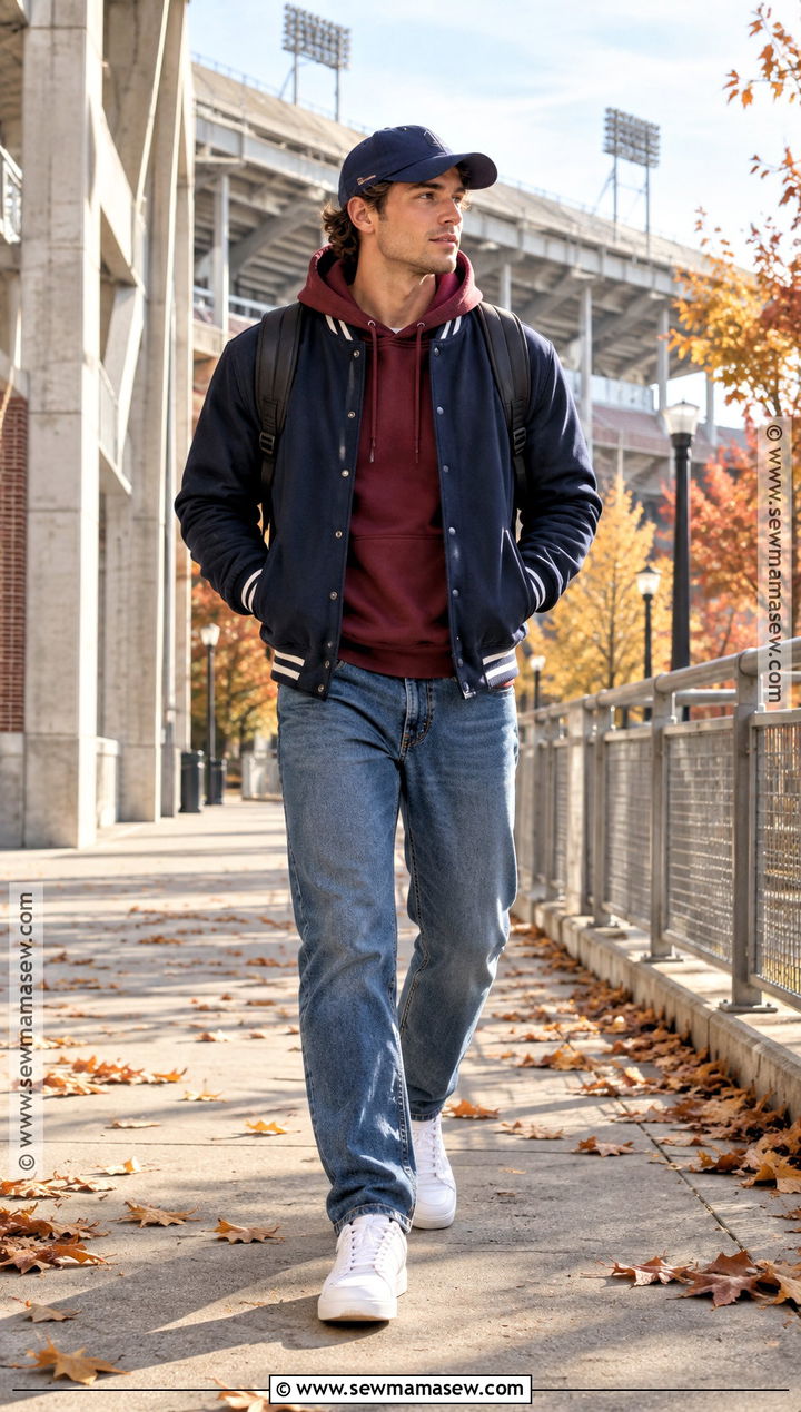 Burgundy Hoodie With Varsity Jacket And Jeans - 15 Fall Hoodie Outfit Ideas for Men