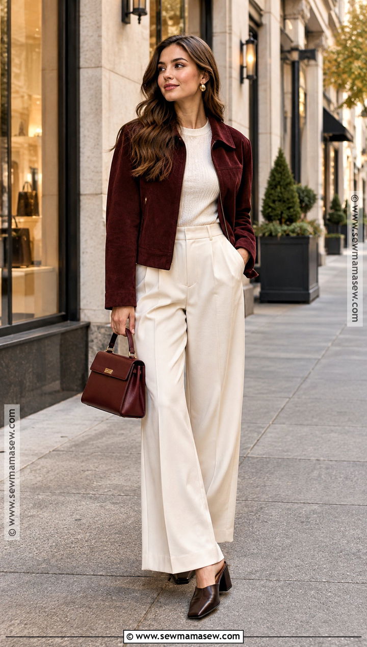 Burgundy Jacket With Cream Trousers And Mules - 25 fall city outfits