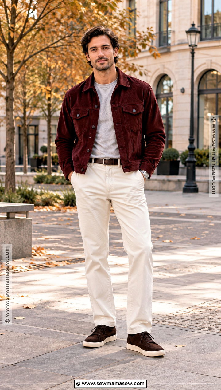 Burgundy Jacket and Cream Pants Outfit - 25 fall drip outfits for men