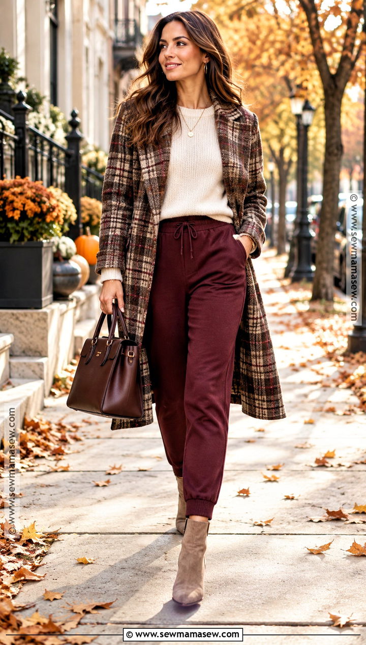 Burgundy Joggers With Cream Sweater - 15 fall joggers outfit dressy ideas