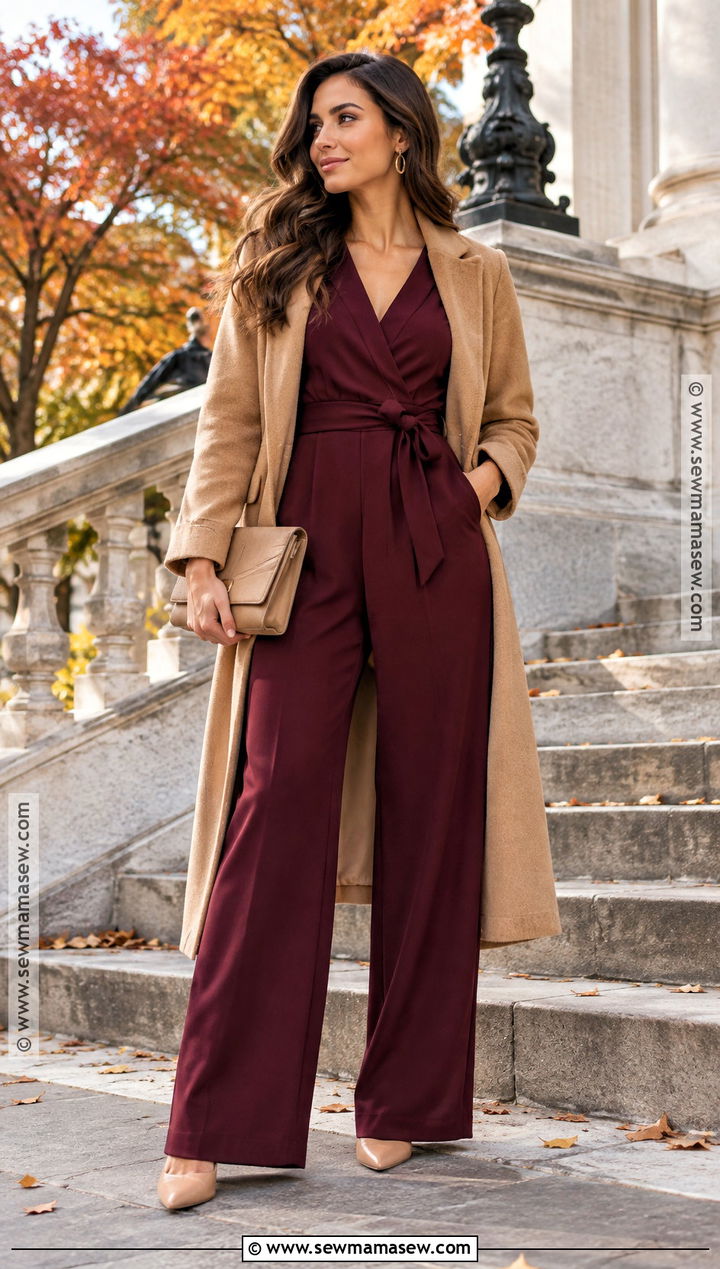 Burgundy Jumpsuit And Neutral Heels Fall Picture Outfit - 25 fall picture outfits