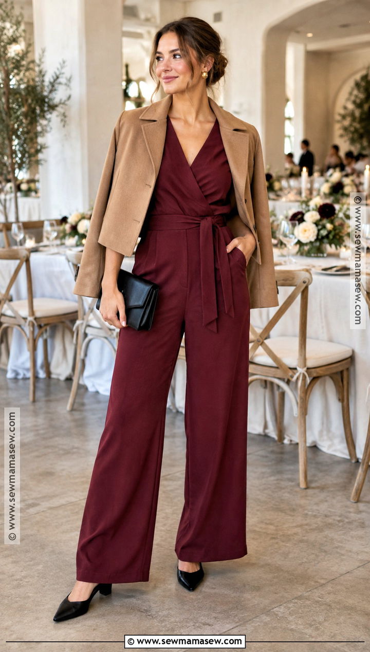 Burgundy Jumpsuit Fall Wedding Guest Outfit - 20 fall wedding guest dress casual ideas
