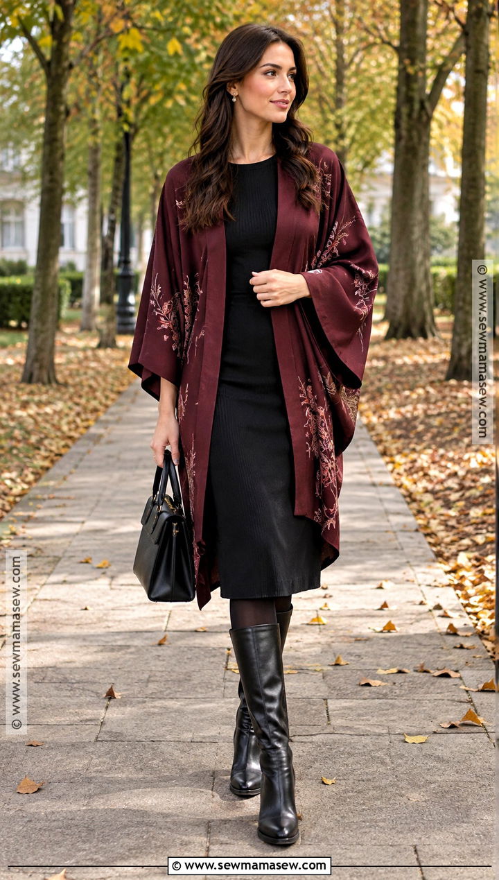 Burgundy Kimono With Black Dress And Boots - 15 fall kimono outfit ideas