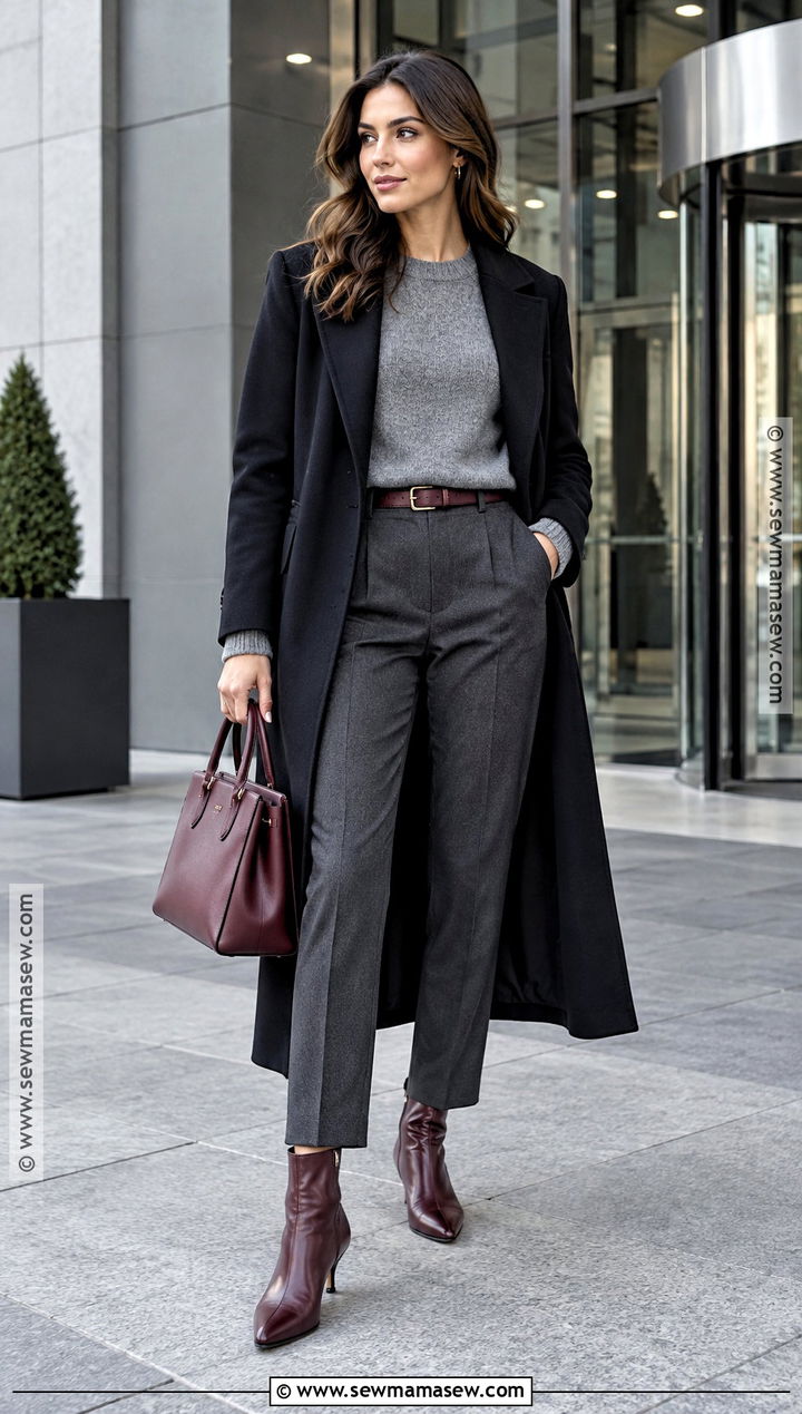 Burgundy Kitten Heel Boots With Tailored Trousers - 15 fall heel boots