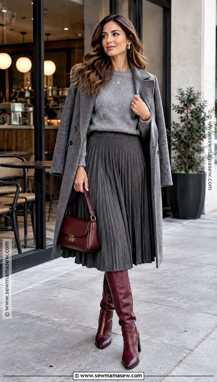 Burgundy Knee High Boots With Gray Knit Outfit - 25 fall boots aesthetic