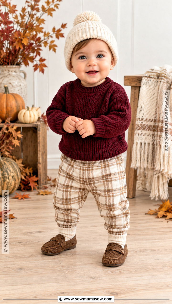 Burgundy Knit Baby Sweater With Plaid Pants - 15 Knit Baby Sweater Fall Style Ideas