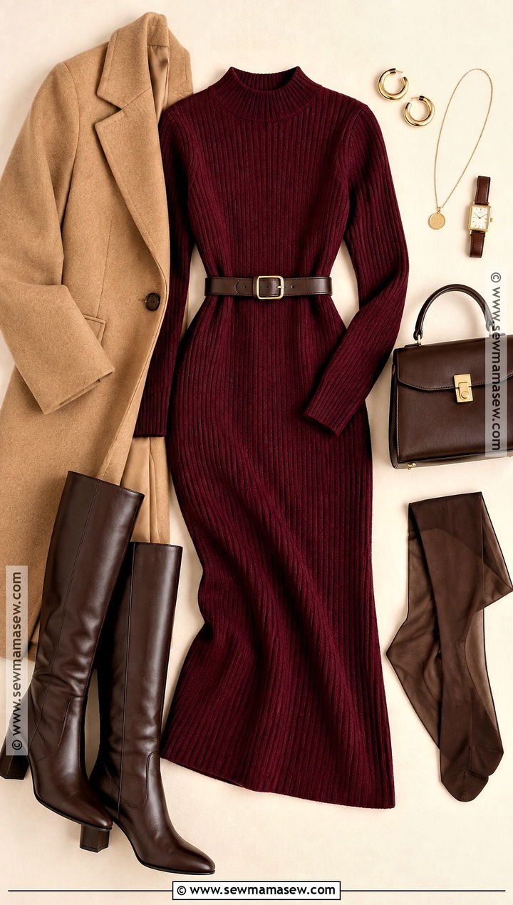 Burgundy Knit Dress And Knee High Boots Flat Lay - 15 autumn fashion flat lay ideas