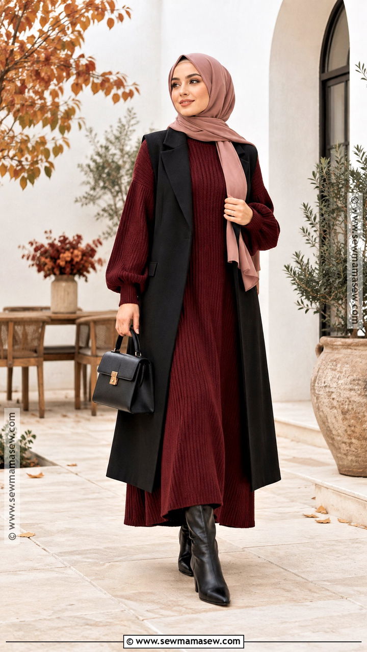 Burgundy Knit Dress Hijab Outfit - 20 Hijab Fashion Autumn Ideas