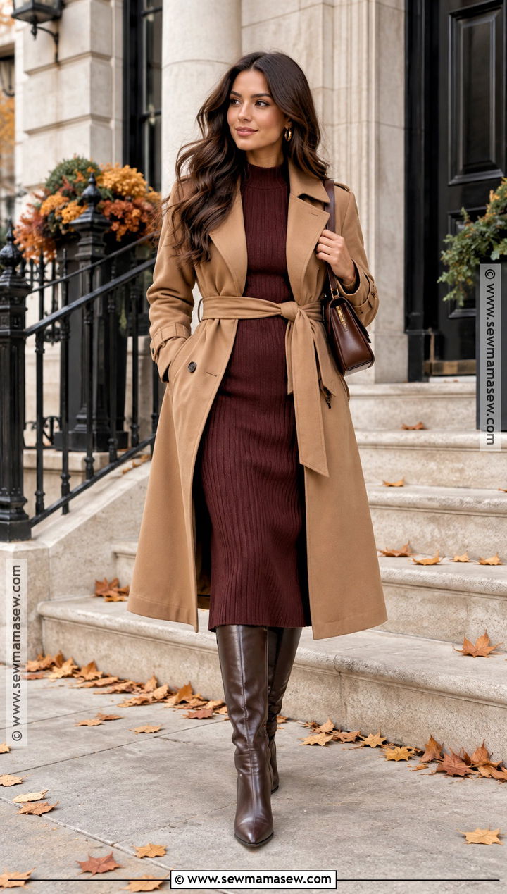 Burgundy Knit Dress With Trench Coat And Knee Boots - 15 burgundy fall outfits 2026