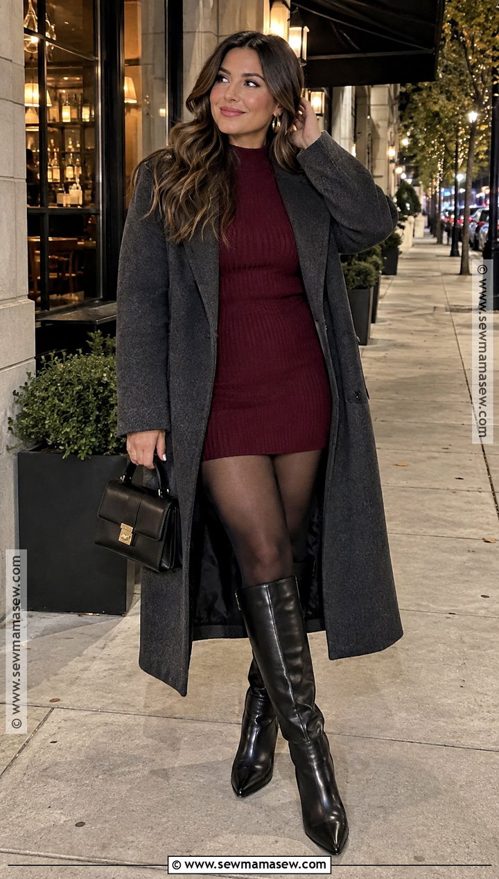 Burgundy Knit Mini Dress And Knee High Boots - 15 bar outfits fall night