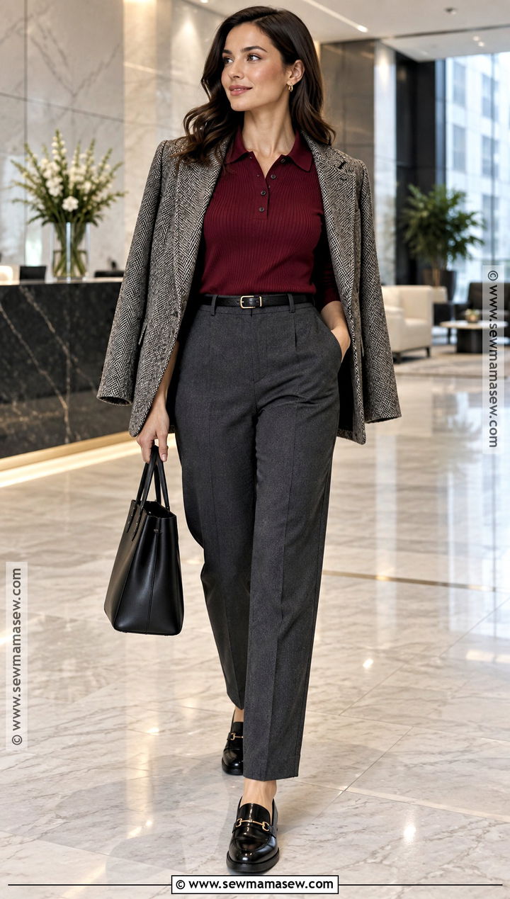 Burgundy Knit Polo With Gray Tailored Trousers - 15 burgundy knitwear fall style ideas