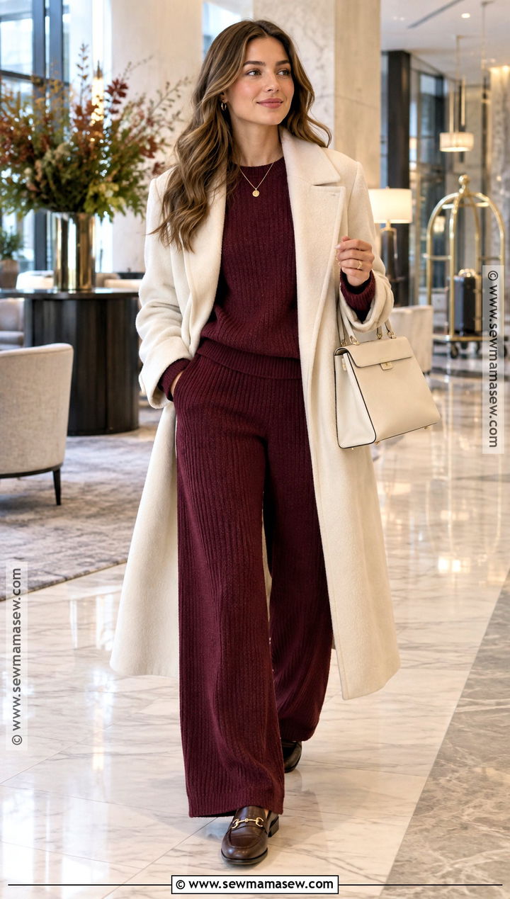 Burgundy Knit Set With Long Wool Coat - 15 burgundy knitwear fall style ideas