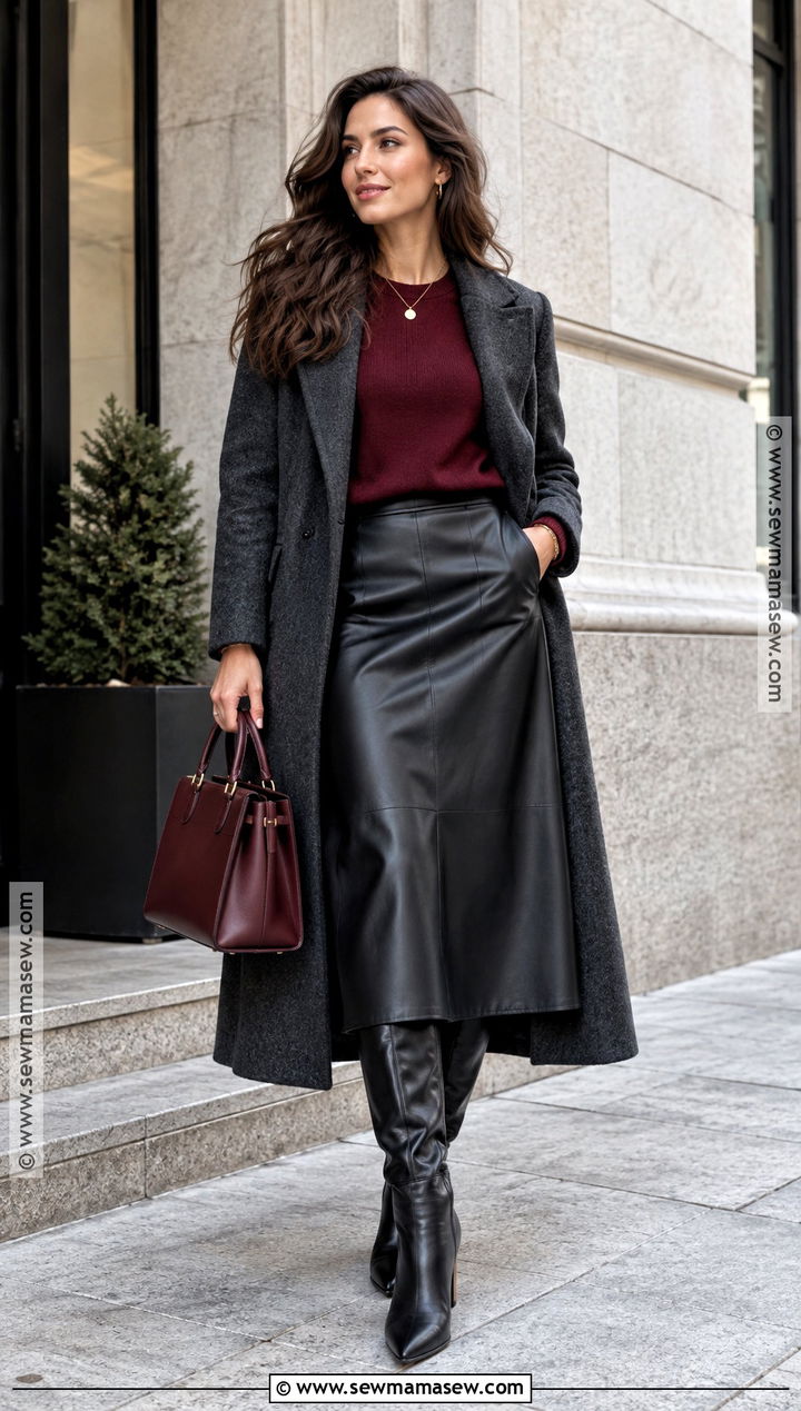 Burgundy Knit and Leather Midi Skirt Outfit - 15 fashion fall trends 2026