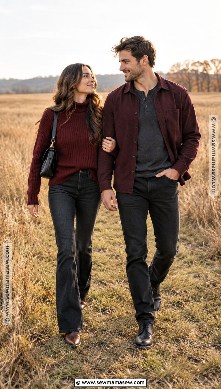 Burgundy Knits and Dark Denim Couple Outfit - 15 Fall Couple Photos Outfits Casual