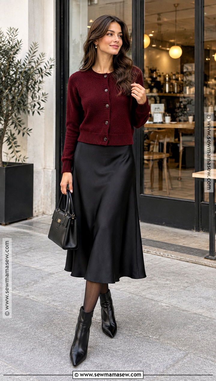Burgundy Knitted Cardigan With Satin Midi Skirt And Boots - 15 knitted sweater fall fashion ideas