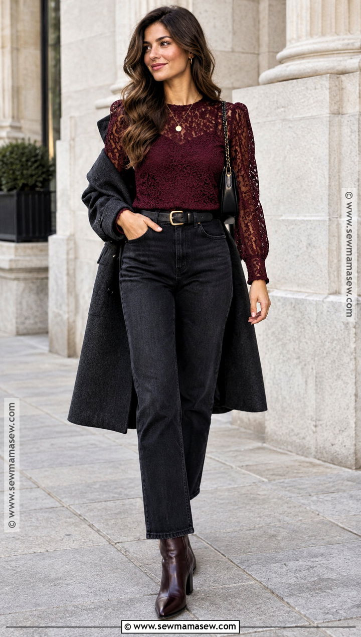 Burgundy Lace Blouse With Black Jeans - 15 Autumn Outfit Ideas With Lace