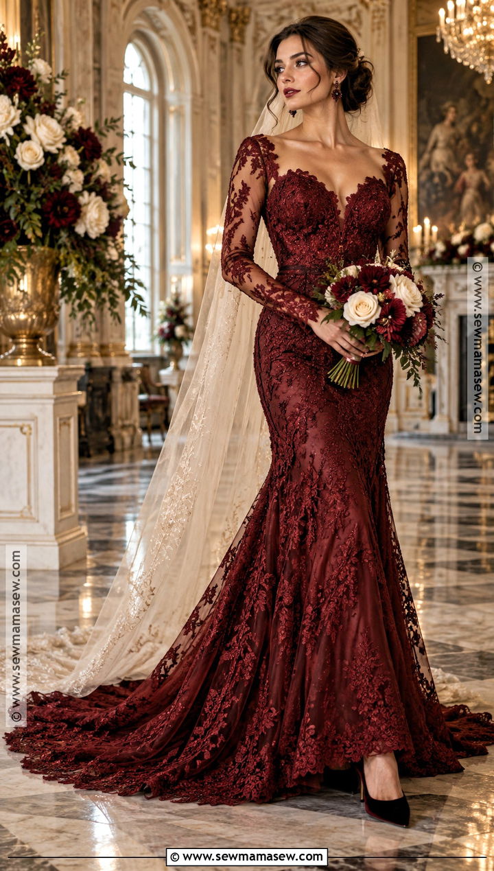 Burgundy Lace Fall Wedding Dress - 20 fall color wedding dress ideas