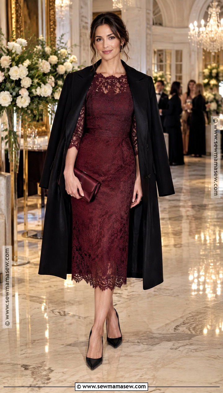 Burgundy Lace Midi Dress Autumn Wedding Guest Outfit - 15 Autumn Wedding Attire Guest Ideas