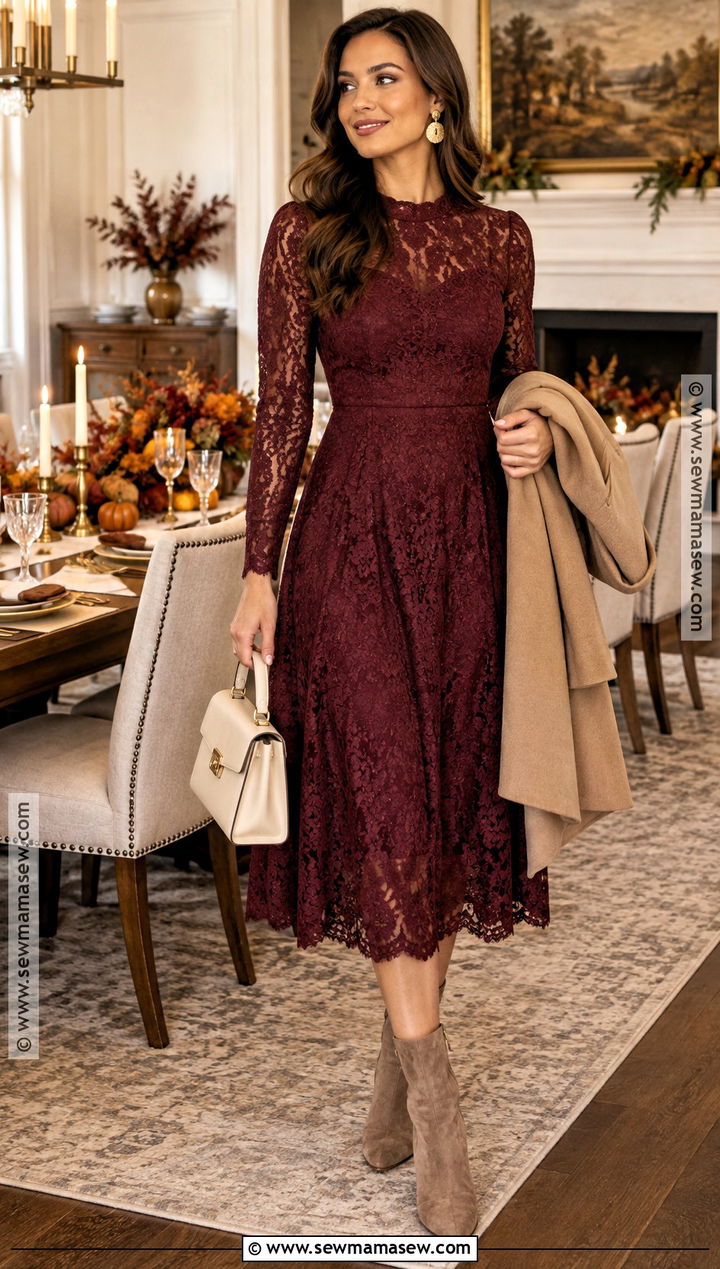 Burgundy Lace Midi Dress With Suede Boots - 20 Thanksgiving Lace Styles